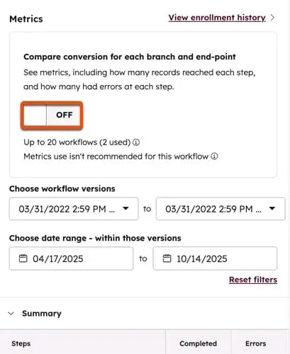 using compare conversion for each end point option in HubSpot’s workflow performance tracking